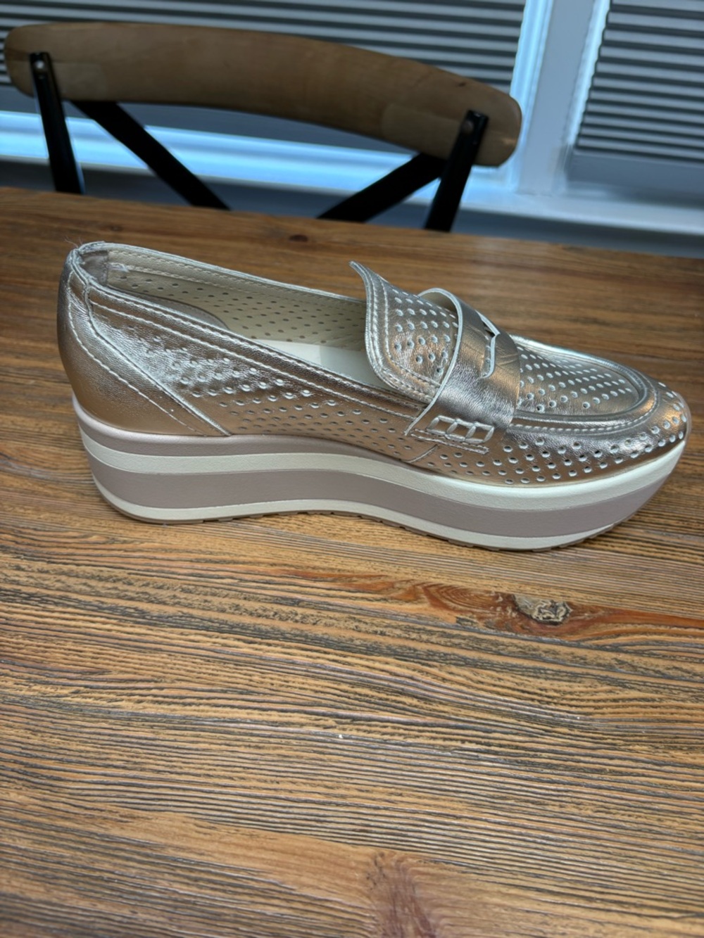 Dolce Vita Champagne Metallic Perforated Platform Loafers - Picture 6 of 13